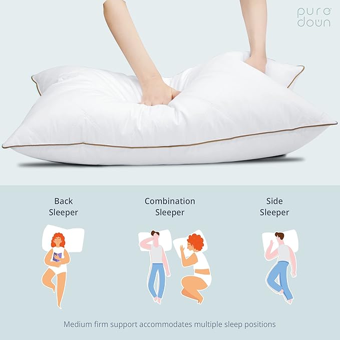puredown® Goose Feathers and Down Pillow with Diamond Quilting with 100% Cotton Cover, Pack of 1, Queen Size