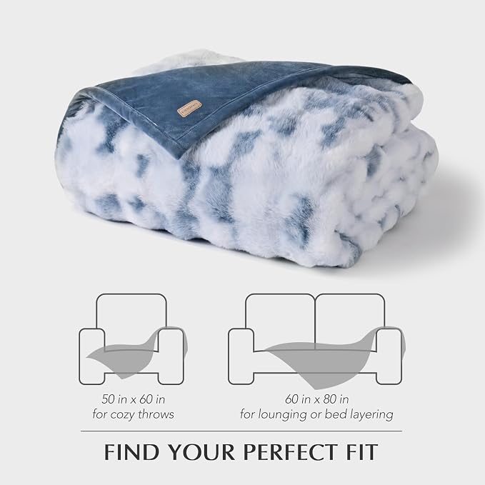 EverGrace Faux Rabbit Fur Bubble Throw Blanket, 50"x60", Cloud Blue | Ultra Soft, Luxury Faux Rabbit Fur Throw, Thick Warm Bubble Blanket, Cozy Fluffy Reversible, for Bed, Couch, Chair, Sofa