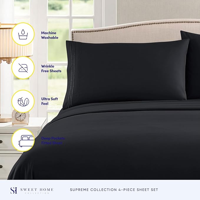 California King Sheet Sets - Breathable Luxury Sheets with Full Elastic & Secure Corner Straps Built In - 1800 Supreme Collection Cal King Deep Pocket Bedding Set, Sheet Set, California King, Black