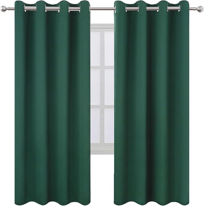 Blackout Curtains 66 x 72 Inch Long Dark Green Curtains Set of 2 Panels Room Darkening Curtains for Bedroom and Living Room