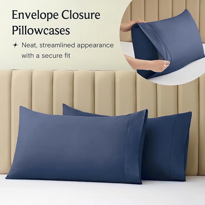 LuxClub 4 PC King Sheet Set, Deep Pockets Wrinkle Free Cooling Bed Sheets Hotel Bedding for Women, Men, Includes 1 Fitted Sheet, 1 Flat Sheet and 2 Pillowcases-Soft Navy | LuxClub Silky Fitted Sheet & Pillowcase Sets, Breathable Hotel Luxury Bedding fo...