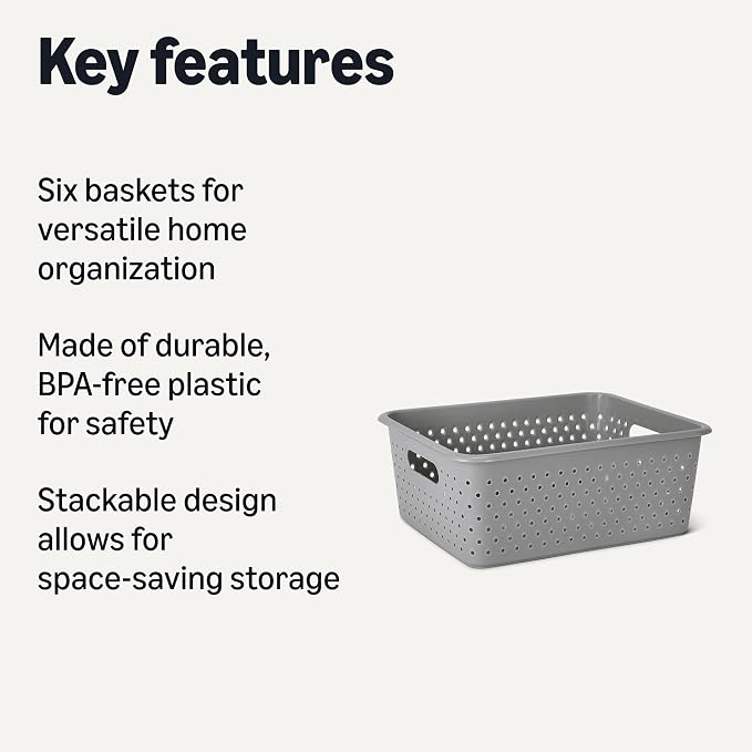 Amazon Basics Decorative BPA-Free Plastic Storage Baskets, 13.66 x 11.34 x 5.39 in, Grey, 4-Pack