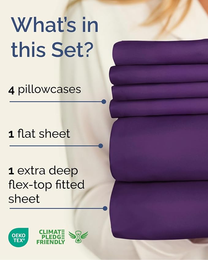Flex Top Split Head King 6 Piece Sheet Set - Breathable & Cooling - Purple | Ultra Soft Hotel Luxury Bedding Set w/ 8-16 Inch Deep Pockets, 1 Flat & 1 Split-Head Fitted Sheet & 4 Pillowcases, Fade Free