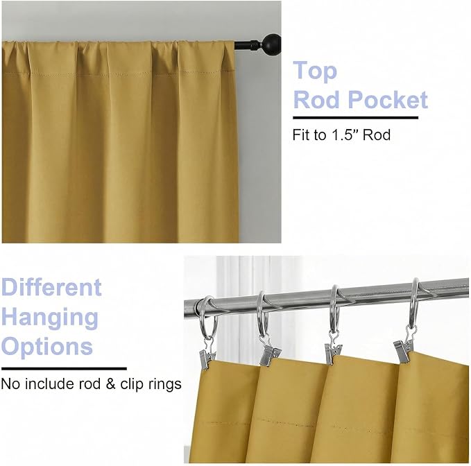Simplebrand Ava Bright Gold Short Blackout Curtains for Bedroom 45 Inches Long 2 Panels Set, Solid Thermal Insulated, Energy Saving Window Treatment Curtains Blackout Drapes, W40 x L45 Inch