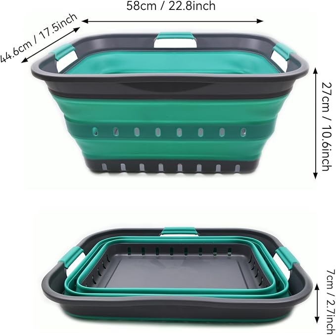SAMMART 42L (11 gallon) Collapsible Plastic Laundry Basket - Foldable Pop Up Storage Container/Organizer - Space Saving Hamper/Basket (1, Grey/Turquoise Blue)