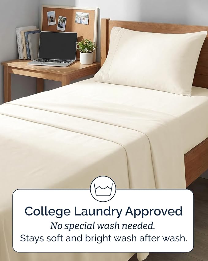 Twin XL 3 Piece Sheet Set - College Dorm Room Essentials - Off White | Deep Pocket Bed Sheets for Women, Men, Teens & Students, Soft, Cooling, Breathable & Wrinkle Free, Oeko-Tex Bed Sheet Set