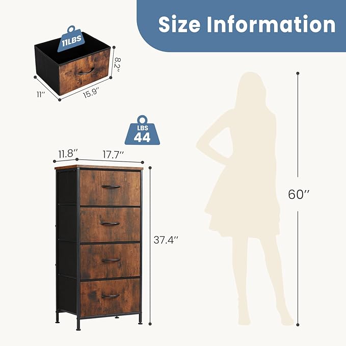 DUMOS Nightstand, Bedside Table with 4 Fabric Drawers | Night Stand with Removable Bins, Sturdy Steel Frame Wood Top, Organizer Furniture for Bedroom Closet, Living Room, Brown