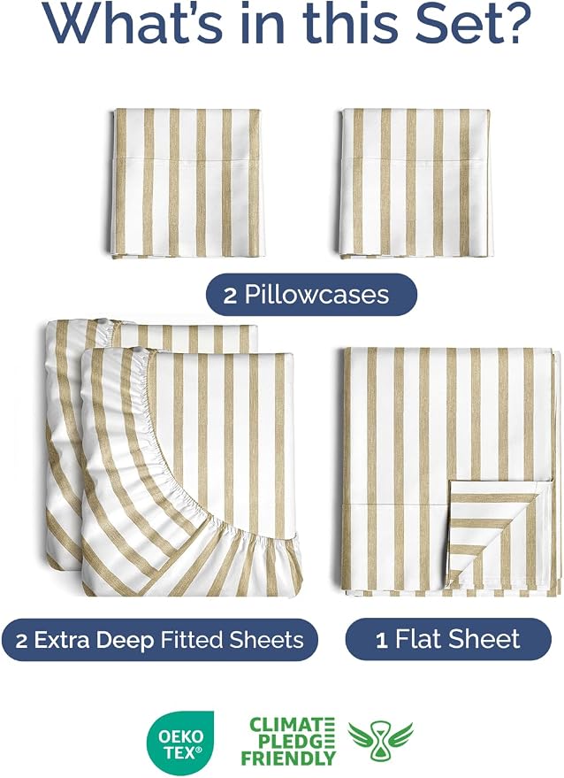 Extra Deep Split King Sheet Set - 7 Piece Cooling Sheets - Beige Stripes | Hotel Luxury Bed Sheets Set, Easy & Secure Fit, Ultra-Soft, Wrinkle & Fade Free, Comfy Sheets Set with Extra Deep Pockets