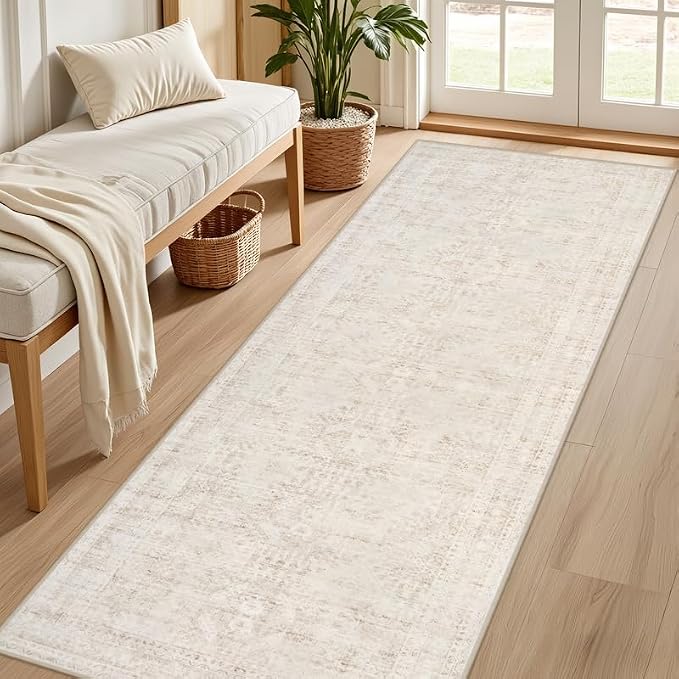 2'6''x8' Hallway Washable Runner Rug: Neutral Kitchen Carpet Beige | Vintage Boho Soft Small Indoor Decor Floor Non-Slip Low Pile Carpet Farmhouse Entryway Laundry Bathroom Bedroom Beside Rugs