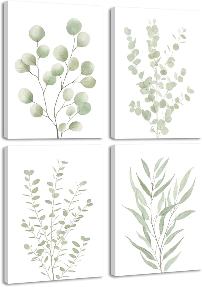 Drsoum Botanical Plant Framed Wall Art Boho Wall Decor for Bathroom Sage Green Eucalyptus Leaf Prints Minimalist Aesthetic Ready to Hang Set of 4, 12x16 in (Framed)