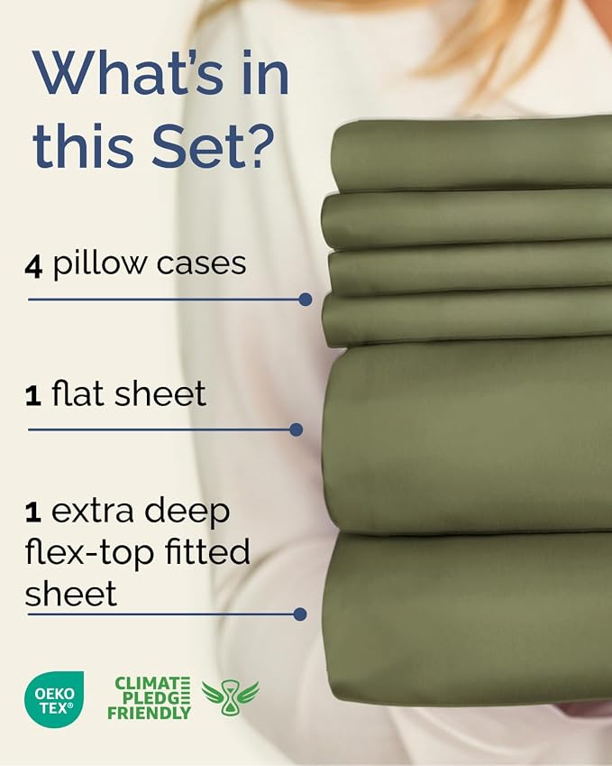 Extra Deep Flex Top Split Head King Sheet Set - 6 Piece Breathable and Cooling Sheets - Hotel Luxury Bedding for Women, Men, Kids & Teens - Easy Secure Fit - Extra Deep Pockets - Sage Green
