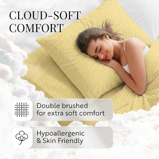 Linen Market Patterned Microfiber Queen Sheet Set 4 Piece – Oeko-TEX Certified Ultra Soft & Wrinkle-Free - 16" Deep Pocket Sheets - Easy Care Queen Size - Honeycomb Yellow