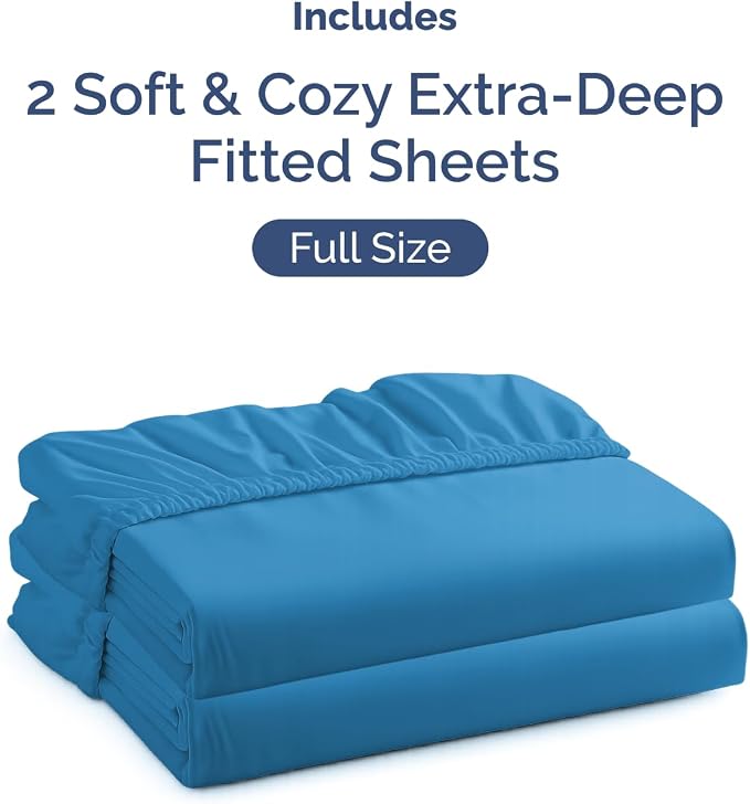 2 Pack Extra Deep Full Fitted Sheets with Extra Deep Pockets - Denim Blue | Hotel Luxury Bottom Fitted Sheets Only, Soft, Fade & Wrinkle Free, Breathable & Comfy, All Around Elastic Fitted Sheets