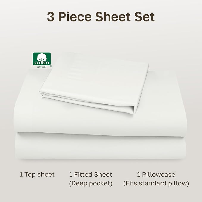 Soft Natural 100% Cotton Sateen Twin Sheets, 3 Pc Set, Ivory (Eggshell) | Backed by Good Housekeeping Seal, Light & Breathable For Hot Sleepers, All-Around Elastic, Durable, Easy Care