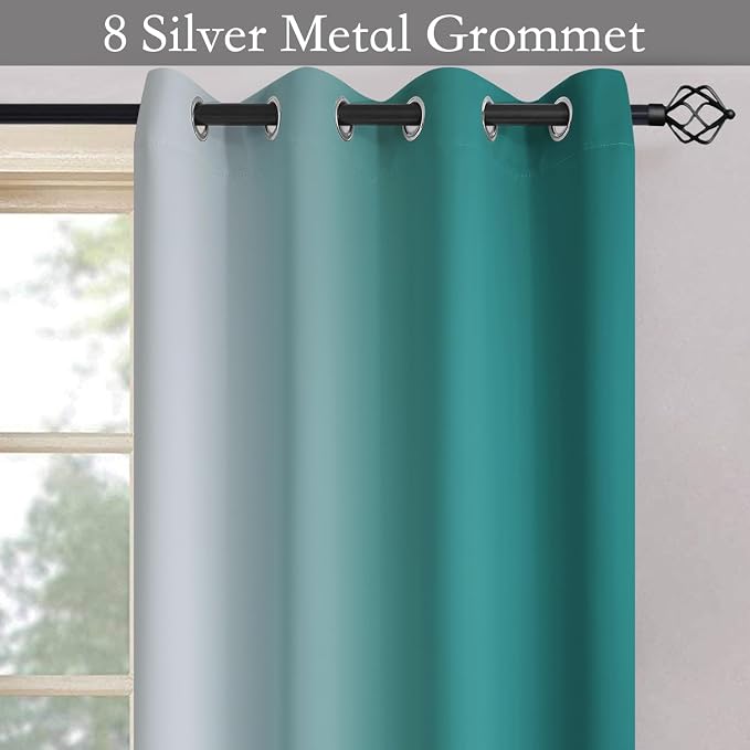 SimpleHome Ombre Teal to Grey White Curtains for Living Room 52Wx54L | Room Darkening Curtains for Bedroom,Gradient Light Blocking Curtain,Thermal Insulated Grommet Window Drapes,2 Panels,54 Inch