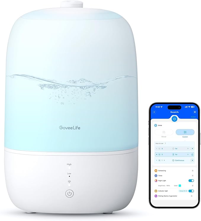 GoveeLife Smart Humidifiers for Bedroom, 3L Top Fill Cool Mist Humidifier | 24dB Quiet Runtime, Humidity Control, Easy to Clean, 25H Lasting, RGB Night Light for Baby, Plants, Works with Alexa