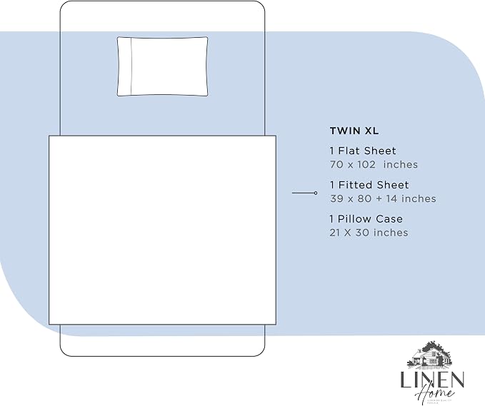 Linen Home 100% Cotton Percale Sheets Twin XL Size, Baby Blue, Deep Pocket, 3 Pieces Set - 1 Flat, 1 Deep Pocket Fitted Sheet and 1 Pillowcase, Crisp Cool and Strong Bed Linen