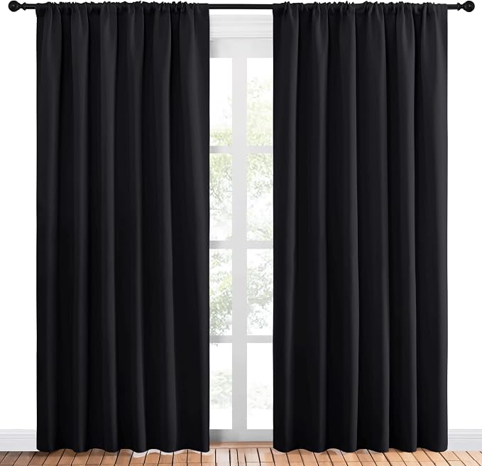 NICETOWN Black Blackout Curtains for Bedroom 70" Wide x 84" Long 2 Panels | Solid Thermal Insulated Window Treatment Blinds Drapes for Living Room, Light Blocking Room Darkening Noise Reducing Decor