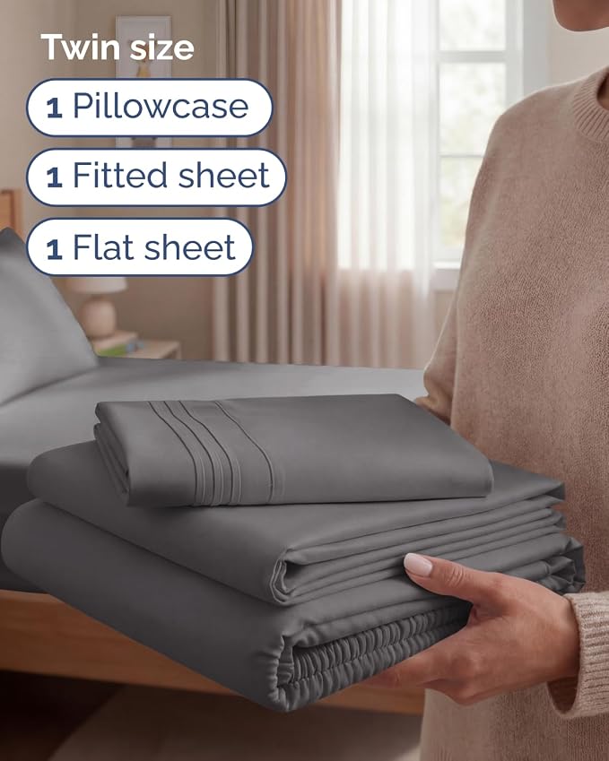 Twin Size 3 Piece Sheet Set - Comfy Breathable & Cooling Sheets - Dark Grey | Hotel Luxury Bed Sheets for Women & Men, Deep Pockets, Easy-Fit, Extra Soft and Wrinkle Free Sheets, Oeko-Tex Bed Sheet Set