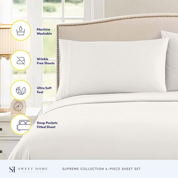 Split King Sheets - Breathable Luxury Sheets with Full Elastic & Secure Corner Straps Built In - 1800 Supreme Collection Extra Soft Deep Pocket Bedding Set, Sheet Set, Split King Size, Ivory