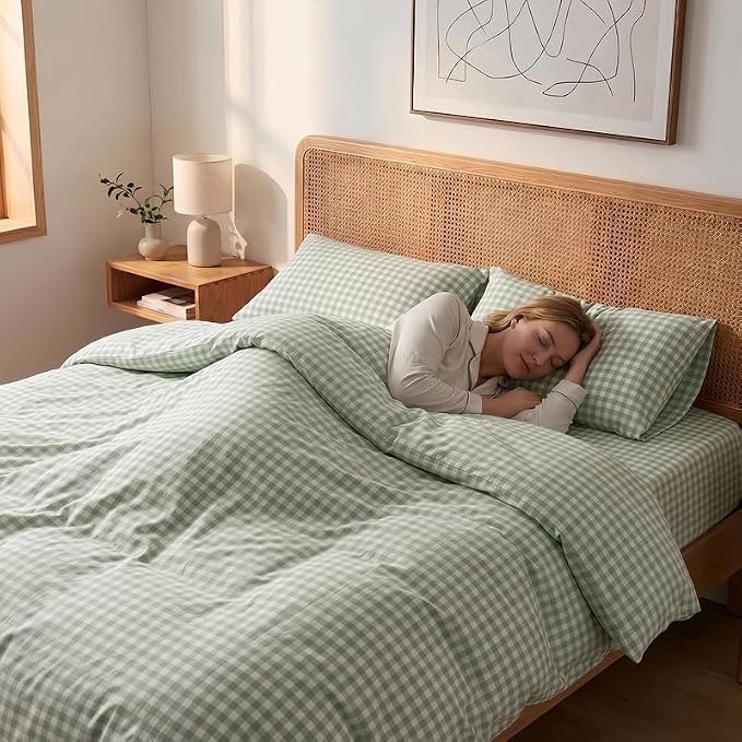 NEXHOME PRO Green Gingham Duvet Cover King, 100% Washed Cotton Like Linen Feel Organic Natural Bedding Set 3 Piece Sage Vintage Plaid Checkered Comforter Cover Set (No Comforter) 10490