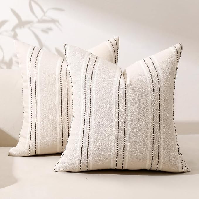 Hckot Striped Throw Pillow Covers 16x16 Set of 2 Charcoal Pillow Covers | Farmhouse Decorative Pillows Textured Linen Square Cushion Covers for Sofa Couch Bed Living Room Decor