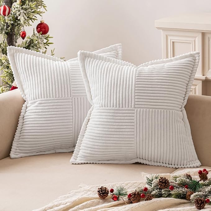 MIULEE Decorative Throw Pillow Covers for Couch 16x16 Inch White 2 Pack | Boho Broadside Striped Patchwork Pillow Covers, Soft Corduroy Cushion Cases, For Sofa Bed Livingroom Home Decor