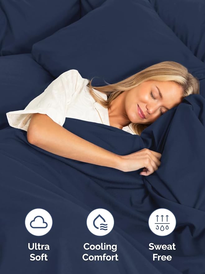 Extra Deep Full Fitted Sheet - Single Fitted Sheet Only - Navy Blue | Easily Fits 18 inch to 24 inch Mattress, Soft, Wrinkle Free, Breathable & Comfy, Extra Deep Pockets Hotel Luxury Fitted Sheet