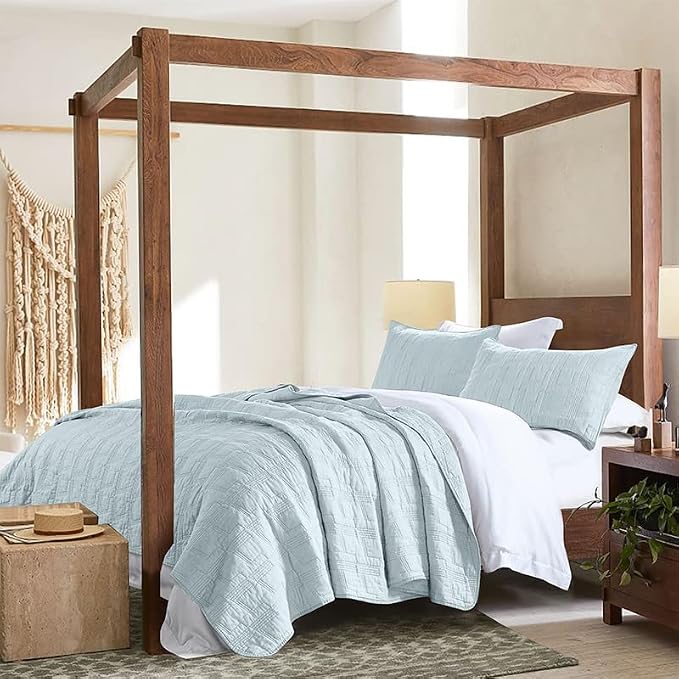 HORIMOTE HOME 100% Cotton Quilt Set King Size, Baby Blue Pre-Washed 3-Piece Bedspread Coverlet Set, Cozy Lightweight Stitching Bedding Cover with 2 Shams in Geometric Pattern for All Season