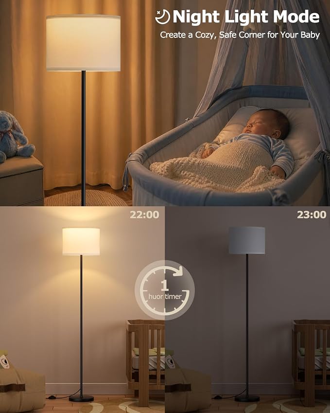 Ambimall Dimmable Floor Lamp with Remote, 9W 900LM LED Bulb Included | White Shade Black Pole, Lamps for Living Room Bedroom