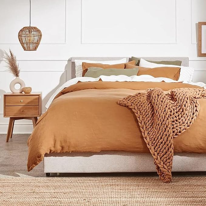 Simple&Opulence 100% Linen Duvet Cover Set 3pcs Basic Style Natural French Washed Flax Solid Color Soft Breathable Farmhouse Bedding with Button Closure - Rust, Queen