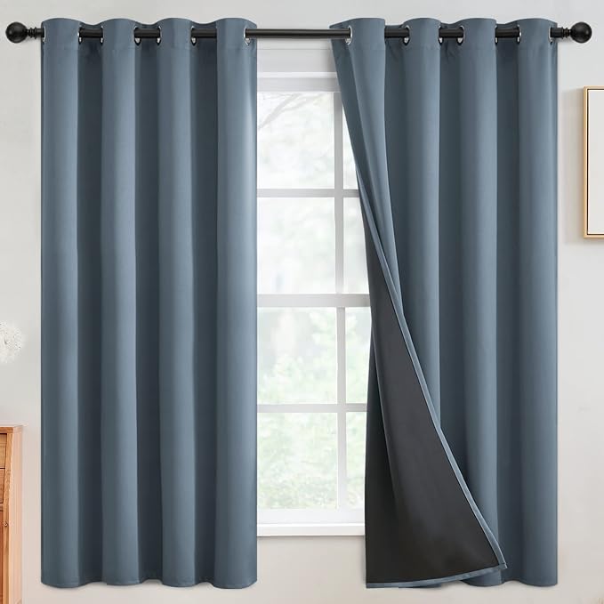 SimpleHome Stone Blue 100% Blackout Curtains Room Darkening Living Room 63L | Curtains for Bedroom,Thermal Insulated Grommet Window Drapes,Curtains for Living Room with Black Back,52 x 63 Inch,2 Panels