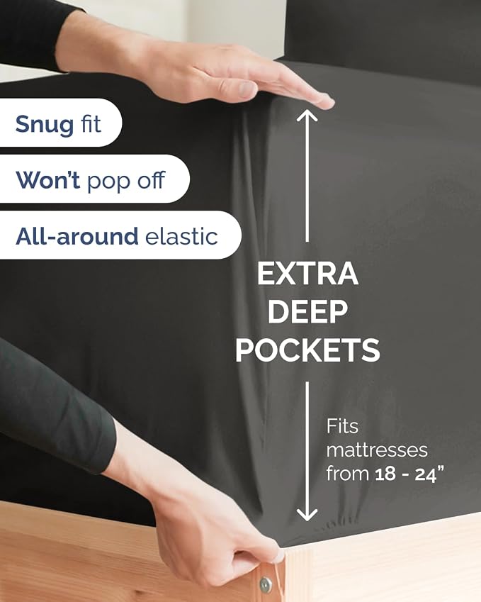 Extra Deep Flex Top Split Head King Sheet Set - 6 Piece Breathable and Cooling Sheets - Hotel Luxury Bedding for Women, Men, Kids & Teens - Easy Secure Fit - Extra Deep Pockets - Charcoal