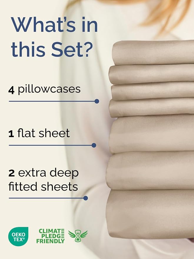 Extra Deep Split King Sheet Set - 7 Piece Breathable Cooling Sheets - Wheat | Hotel Luxury Bed Sheets Set, Easy & Secure Fit, Ultra-Soft, Wrinkle & Fade Free, Comfy Sheets Set with Extra Deep Pockets