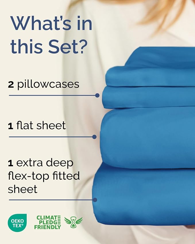 Flex Top Split Head King Sheet Set - 4 Piece Extra Deep Sheets - Denim Blue | Easily Fits 18 to 24 inch Mattress, Ultra Soft, Wrinkle & Fade Free with Extra Deep Pockets, Comfy Hotel Luxury Bedding