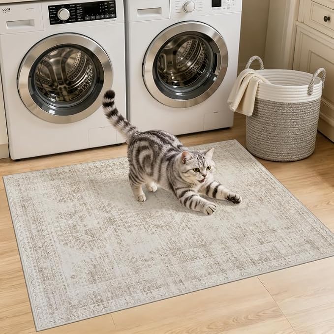 Washable Area Rugs 2x3: Neutral Living Room Bedroom Carpet Brown | Vintage Boho Soft Small Indoor Decor Floor Non-Slip Low Pile Neutral Farmhouse Entryway Laundry Bathroom Bedroom Beside Rugs