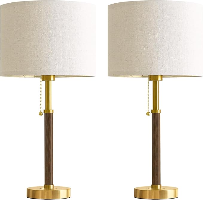 Wood Table Lamps 22" Mid Century Modern Lamps for Bedroom Living Room Lamps | Pull Chain Lamps Set of 2, Walnut Mcm Bedside Lamps for Night Stands, Vintage Small Side Table Lamps Buffet Nursery Decor