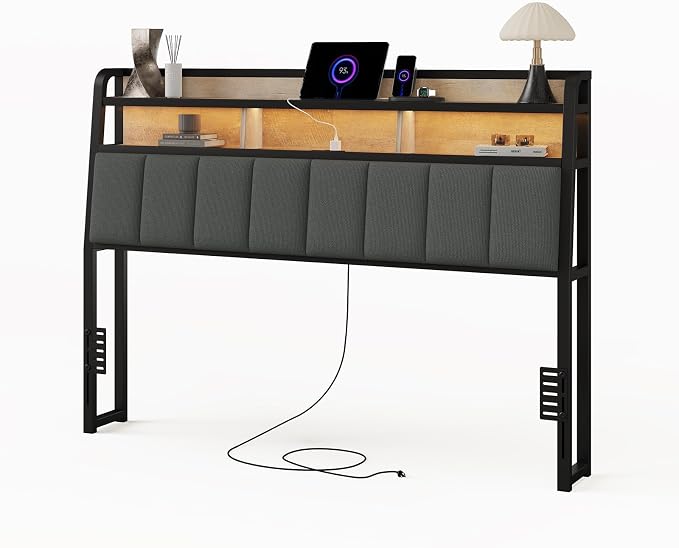 Queen Headboard Only with Storage, Charging Station, Black&Brown | Upholstered Headboards for Queen Size Bed with LED Light, Height Adjustable, Sturdy and Stable Headboard