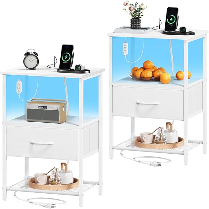 Somdot Nightstand Set of 2 with Charging Station & LED Light, Bedside Table | Dorm, Guest Room, Kids Room, Laundry, Closet, Entryway and Hallway, White