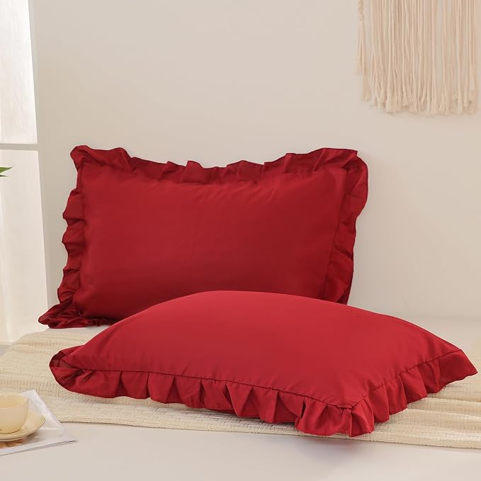 Burgundy Pillowcases King Pillowcases Ruffled Pillow Shams Set of 2 Cute Pillowcases Solid Ruffled Fringe Design Red Shabby Chic Pillowcases 2 Pack (King (20''x36''), Burgundy)