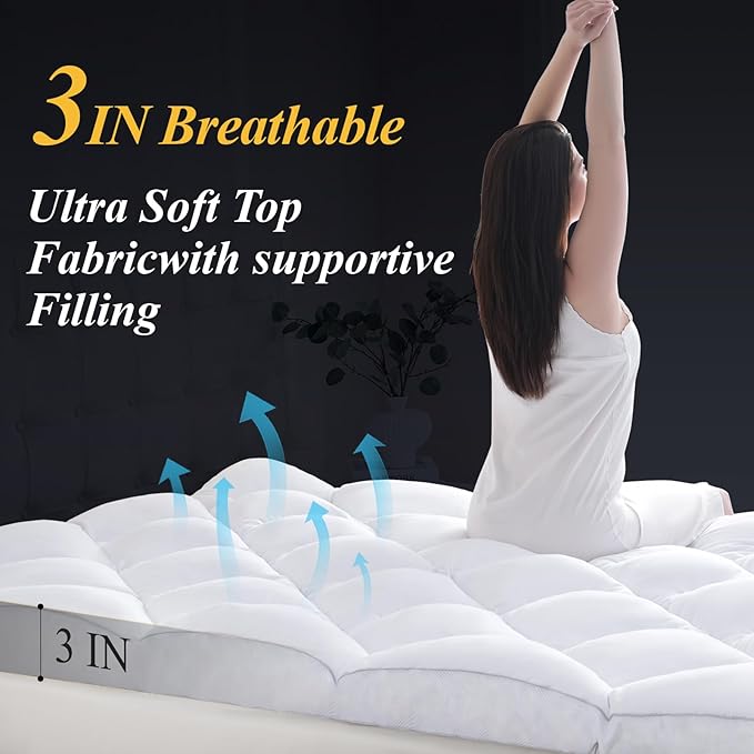 DOWNCOOL 3 Inch King Mattress Topper, Ultra Thick and Fluffy Supportive Memory Foam Mattress Topper for Body Pain, Mattress Pad with Breathable Mesh Design for Deep Sleep, 80x78x3 Inches