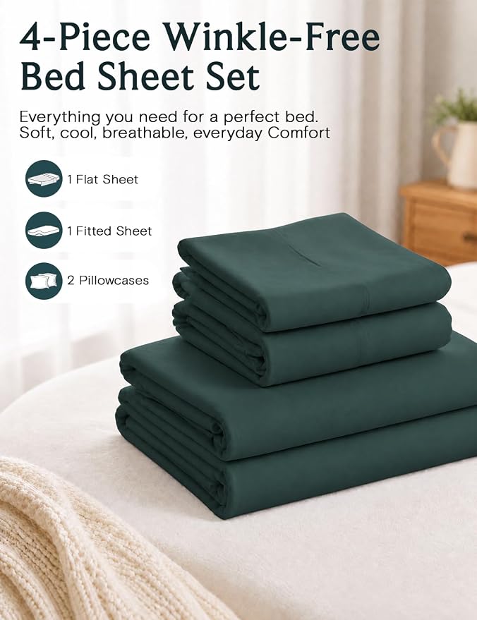 LuxClub California King Sheets Sets, Deep Pocket Cal King Sheet Bed Sheets 4PC, Cooling Sheet Cal King Size, Soft Breathable Hotel Bedding, Silky Fitted Sheet & Pillowcase Sets, Emerald Green | LuxClub Silky Fitted Sheet & Pillowcase Sets, Breathable H...