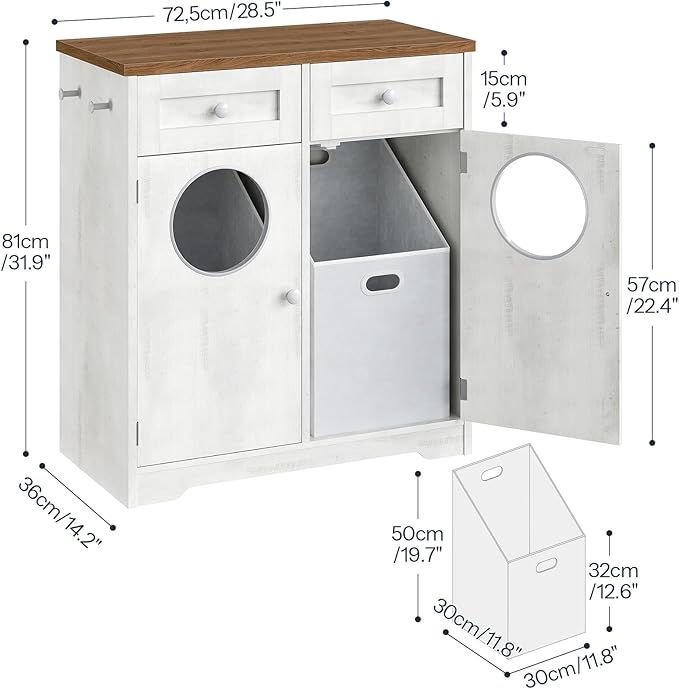 HOOBRO Double Laundry Hamper Cabinet, Hidden Laundry Cabinet with 2 Drawers & 2 Baskets, 20 Gallon Farmhouse Bathroom Laundry Hamper with 2 Clothes-Toss Holes, White and Dark Walnut WHZ36XY01