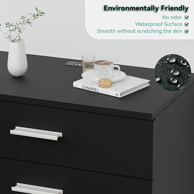FJTJBSI Dresser with Power Outlets Wooden 4 Drawer Dresser with USB and Type C Port Chest of Drawers for Bedroom Tall Black Organizer Storage for Living Room Hallway Closet
