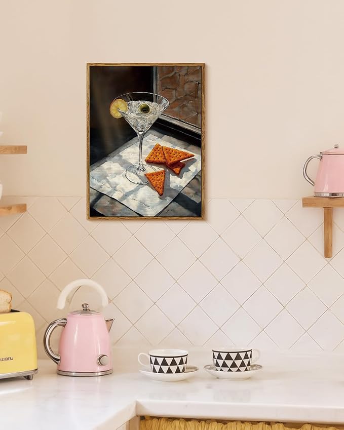 Martini Cocktail Framed Wall Art 12x16 Realistic Canvas Print, Drink Glass with Olive Lemon Crackers Still Life Painting, Modern Kitchen Café Lounge Dining Room Aesthetic Artwork Food Decor
