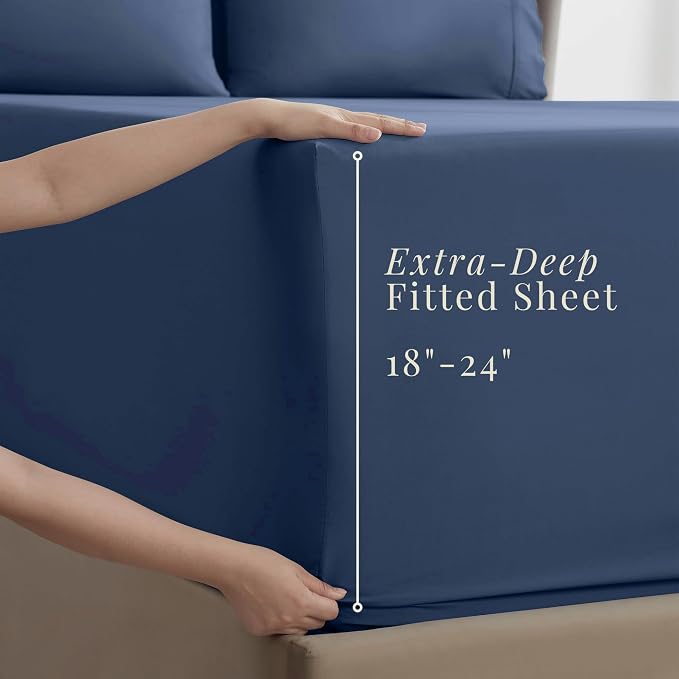 Hearth & Harbor Extra Deep Pocket Sheets - Fits Mattress 18-24 Inches Deep - Extra Deep Pocket California King Size - 6 Piece Cal King Sheets - Cal King, Navy Blue