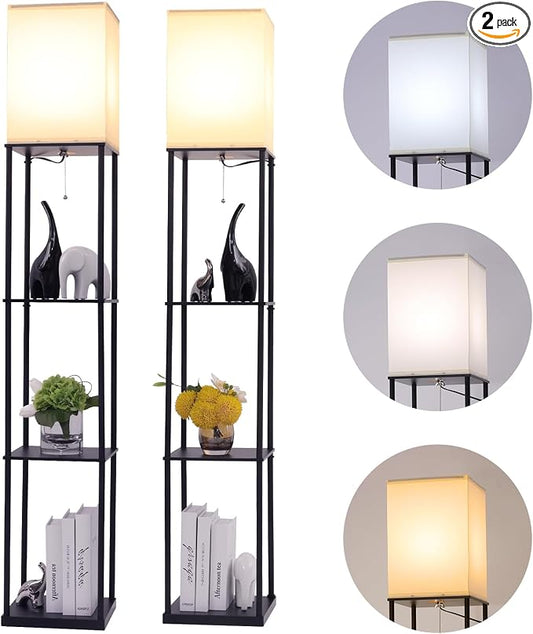 Gupuzm Floor Lamp with Shelves, Modern Square Standing Lamp with 3 Color Temperature Bulb, Corner Display Bookshelf Lamp for Living Room, Bedroom and Office (Black-2 Pack)