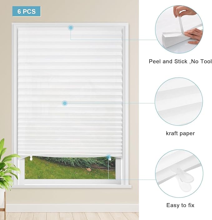 MYshade 12 Pack Temporary Light Filtering Paper Shades for Windows,Paper Pleated Blinds with Adhesive,No Tools No Drilling Free Cut Size Temporary Room Darkening Shades(White, 48" W x 72" H)