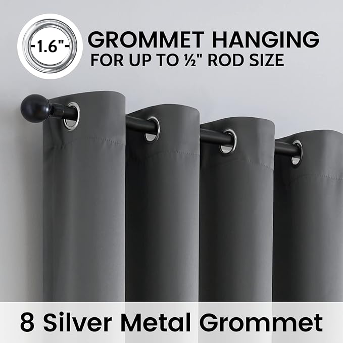 SimpleHome Grey 100% Blackout Curtains Room Darkening Living Room 90 Inch | Curtains for Bedroom,Thermal Insulated Grommet Window Drapes,Curtains for Living Room with Black Back,52 x 90 Inch,2 Panels