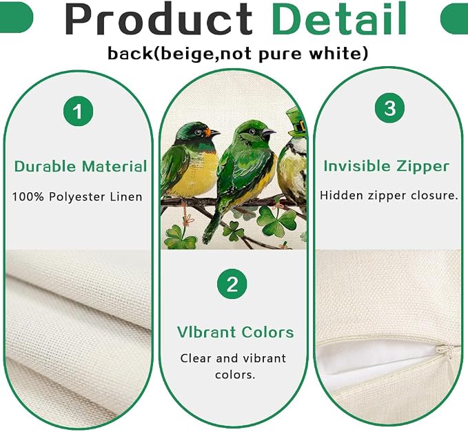 RABUSOFA St.Patricks Day Pillow Covers 12x20 Inch,Birds Shamrock St Patricks Day Decorations Holiday Spring Decorative Pillow Case Decor for Sofa Couch Green